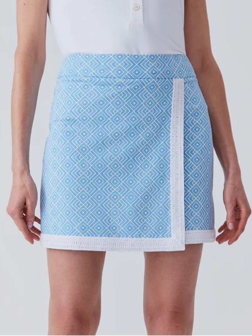 Light Blue Geometric Knit Polo Dress with White Trim
